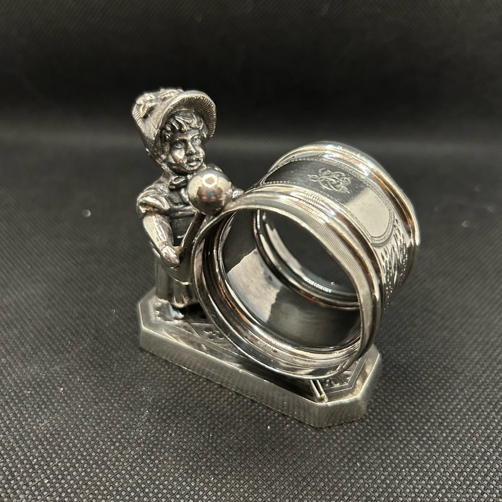 Antique Simpson Hall Miller & Co Silverplate Victorian Drummer Girl Napkin Ring